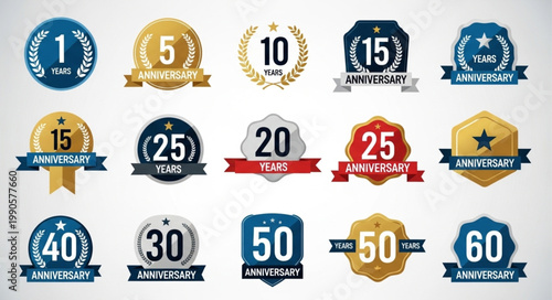 Collection of Anniversary Badges and Labels Celebrating Milestones.