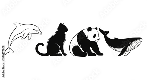 Vászonkép Collection of diverse animal illustrations in black and white.