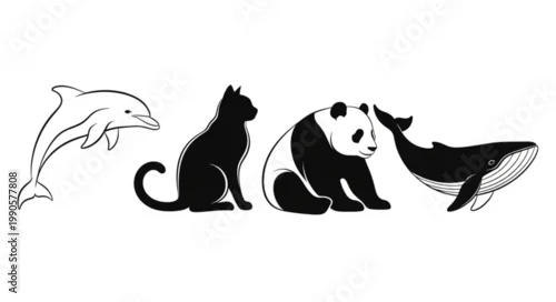 Fototapeta na wymiar Collection of diverse animal illustrations in black and white.
