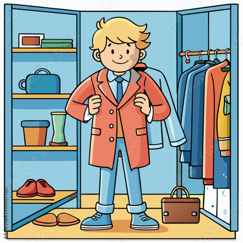 Young boy tries on a coral coat in a closet