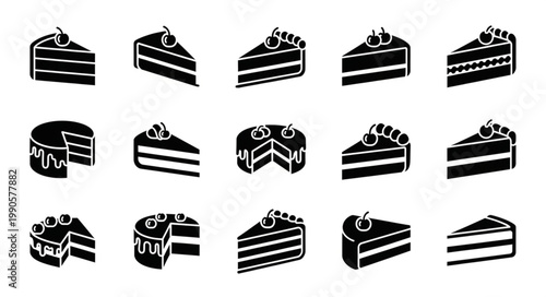 Collection of Delicious Cake Slices and Whole Cakes Icons.