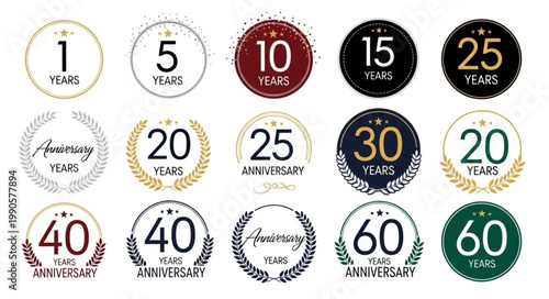 Collection of Anniversary Badges and Seals Celebrating Milestones.