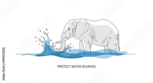 An illustration of an African elephant splashing water in a river.