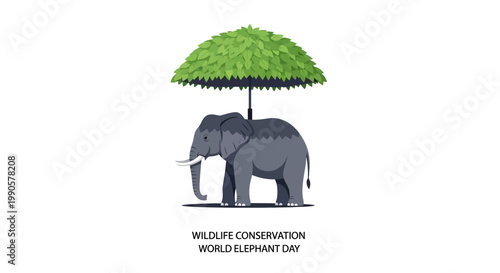 Illustration of a majestic elephant sheltered under a lush green canopy umbrella for wildlife conservation.