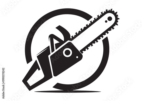 chainsaw cutting logo silhouette vector, chainsaw silhouette logo design illustration, chainsaw silhouette powerful vector design, woodcutter with chainsaw logo silhouette vector on white background