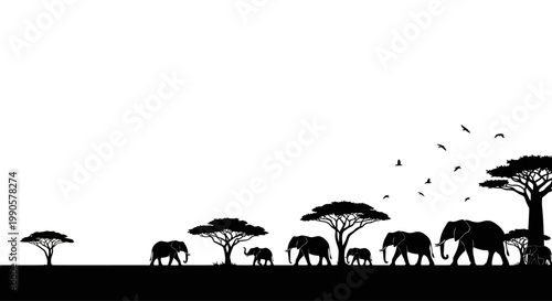 Silhouette illustration of an elephant herd walking in the African savanna.