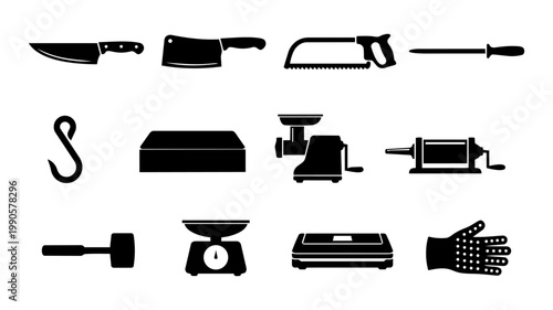 Butcher Tools and Equipment Silhouettes – Knife, Cleaver, Grinder, Scale Professional Meat Icons