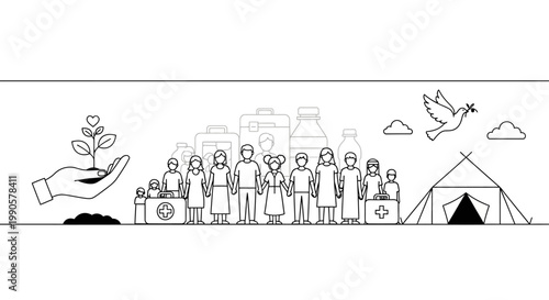 Sketch Illustration of Humanitarian Aid Peace and Community Support with People and Dove.