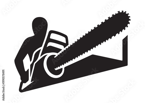 chainsaw cutting logo silhouette vector, chainsaw silhouette logo design illustration, chainsaw silhouette powerful vector design, woodcutter with chainsaw logo silhouette vector on white background