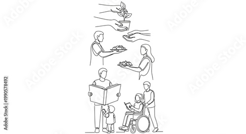 Continuous line art drawing of community service and charity acts including planting trees, sharing food, and helping children and disabled people.