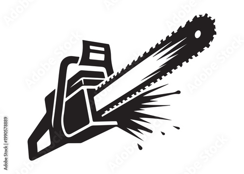 chainsaw cutting logo silhouette vector, chainsaw silhouette logo design illustration, chainsaw silhouette powerful vector design, woodcutter with chainsaw logo silhouette vector on white background