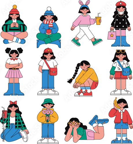 Isolated a realistic kinds of deferent cute girlfriend vector art with white background..