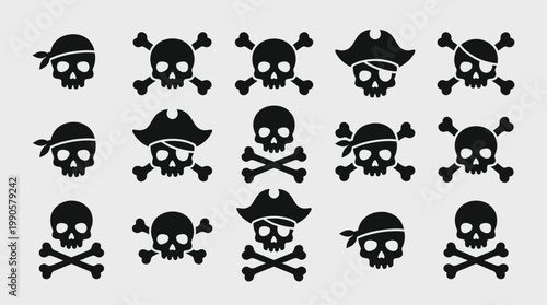 Pirate skulls and crossbones icons set.