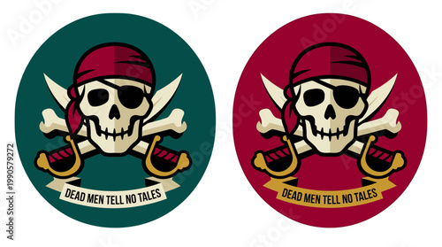 Fotografie Pirate skull stickers with bandana and swords.