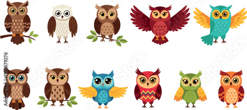 Cute Owl Vector Character Set with Diverse Colorful Forest Birds in Various Poses for Children's Books, Educational Materials, Stationery, and Nature Themed DesignsCute Owl Vector Character Set with D