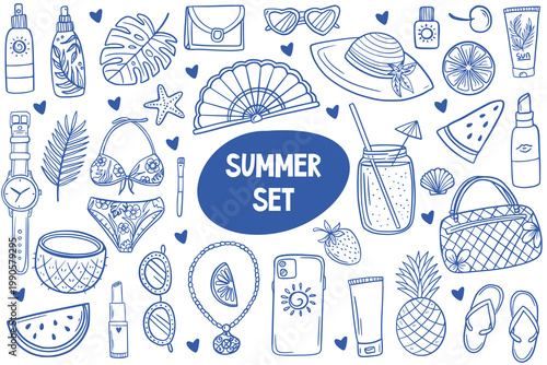 Summer-themed illustration featuring various vacation items including sunglasses, sunscreen, tropical fruits, and beach accessories arranged in a playful, colorful design