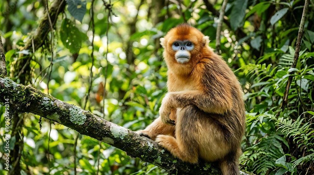 Obraz premium Golden monkey sitting on a tree branch in the forest, looking alert and calm with orange fur and distinctive facial markings.