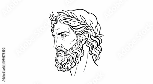 Ancient bearded philosopher in profile portrait with a laurel wreath, a classical line drawing of a heroic male figure