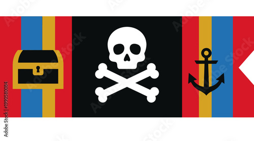 Pirate symbols on colorful striped background.