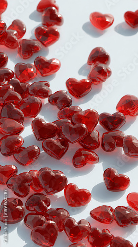 Reflective Red Heart-Shaped Gems on a Light Background