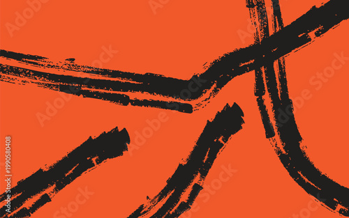 Abstract expressionism bold black brushstrokes against a vibrant orange background dynamic composition