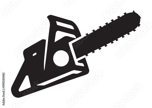 chainsaw cutting logo silhouette vector, chainsaw silhouette logo design illustration, chainsaw silhouette powerful vector design, woodcutter with chainsaw logo silhouette vector on white background