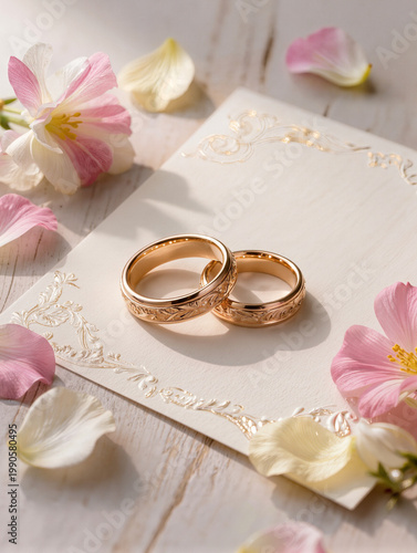 pair of elegant gold wedding rings on invitation card with flower petals, beautiful engraved wedding bands on luxury stationary, romantic wedding concept with gold jewelry and spring blossoms