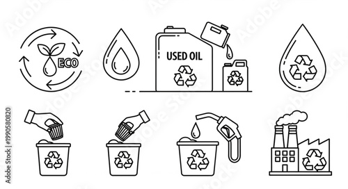 Recycling and waste management icons for used oil industry.