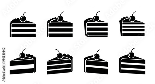 Set of eight black cake slices with cherry on top.