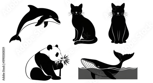 Collection of Black Silhouettes of Animals Including Dolphin Cat Panda and Whale.