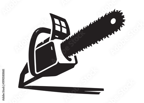 chainsaw cutting logo silhouette vector, chainsaw silhouette logo design illustration, chainsaw silhouette powerful vector design, woodcutter with chainsaw logo silhouette vector on white background