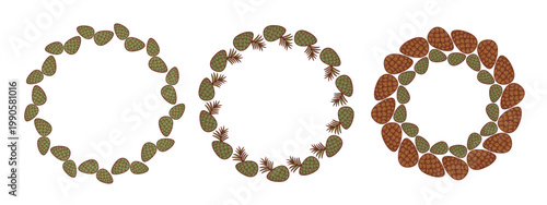 Pine Cone Wreaths Set. Forest Circular Frames Made Of Brown And Green Cones. Vector Illustration. Isolated Round Border with Empty Copy Space. Natural Home Decor. Eco-Friendly Product Emblem.