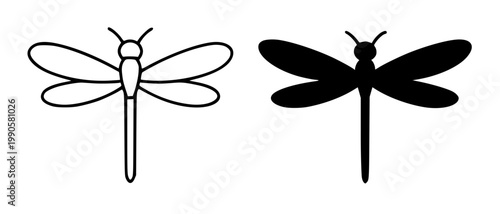 Dragonfly minimalist icon in outline and silhouette design