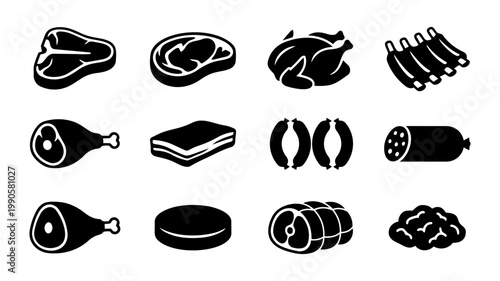 Meat Cuts and Products Silhouettes – Steak, Chicken, Ribs, Sausage, Butcher Food Icons