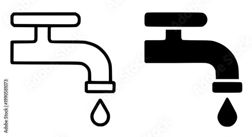 Water tap minimalist icon in outline and silhouette design