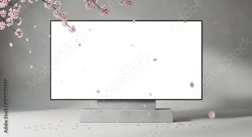 Modern Tv Screen White Frame Floating on Concrete Stand