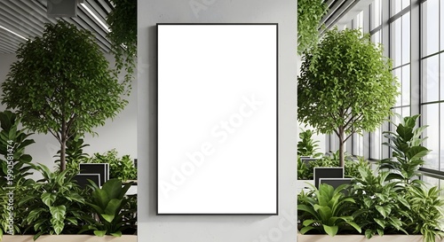 Modern Indoor Atrium with Greenery and Large Blank Sign