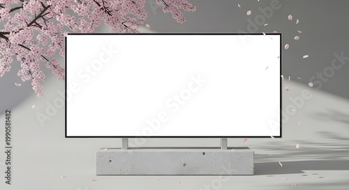 Modern Televised Display with Concrete Base and Pink Blossom Branches