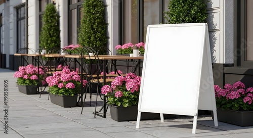 Outdoor Cafe Seating with Pink Flowers and Blank Sidewalk Sign