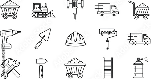 Construction and logistics line icon set featuring tools machinery transport equipment and industrial work delivery concepts collection