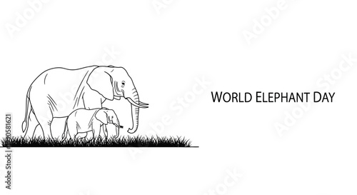 World Elephant Day line art illustration featuring mother and baby elephant.
