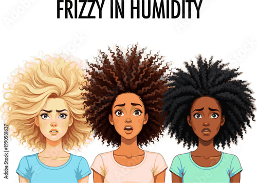 Isolated a realistic kinds of deferent Women whose hair gets frizzy in humid weather vector art with white background.