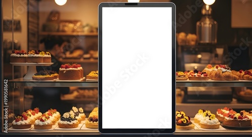 Modern Tablet with Blank Screen in Front of Pastry Display