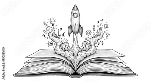 Open book with rocket launching into the sky.