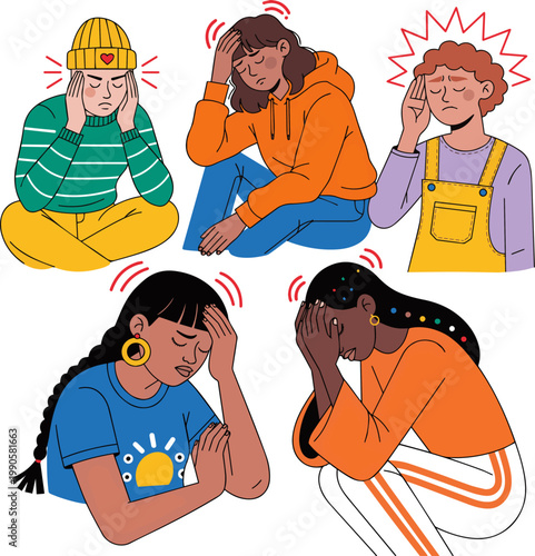 Bild auf Leinwand Isolated a realistic kinds of deferent Women's common ailments Headaches (5) vector art with white background