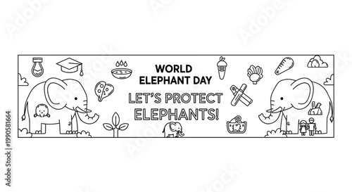 World Elephant Day coloring page banner featuring cute elephants and nature icons.