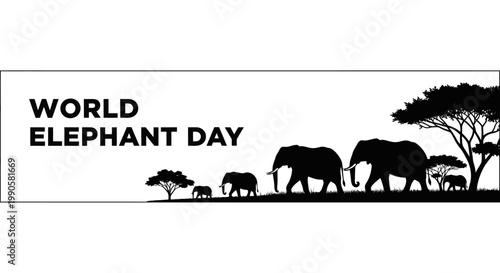 World Elephant Day banner design with a silhouette of a family of elephants in the savanna.