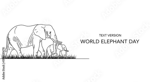 Continuous Line Art Illustration of Mother Elephant and Calf.