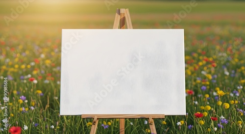 Blank White Canvas on Wooden Easel in Colorful Field
