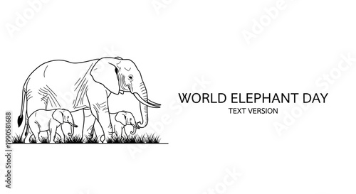 World Elephant Day illustration with mother elephant and baby calf line art.